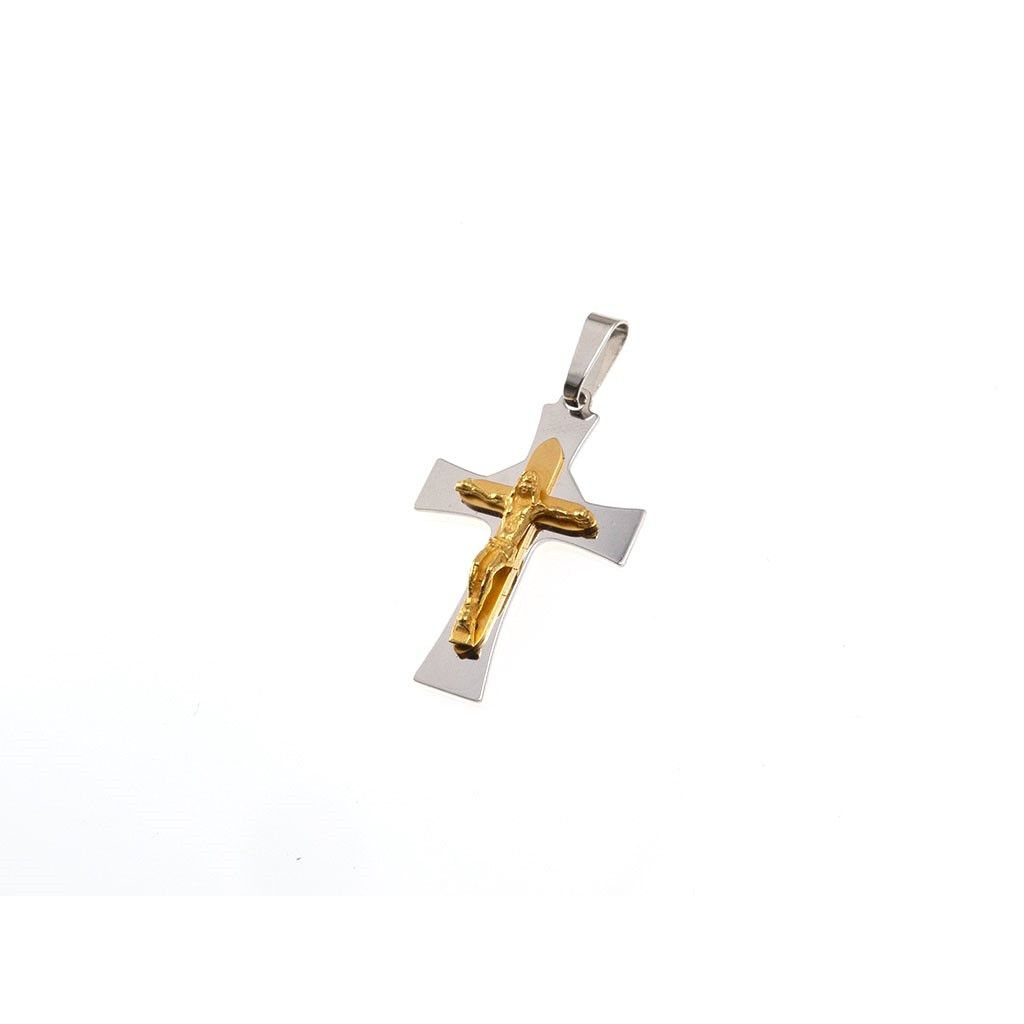 Croce satinata oro bianco con Cristo in oro giallo