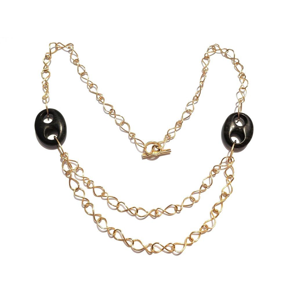 Collana Catena Infinito oro giallo con maglia marinara in legno