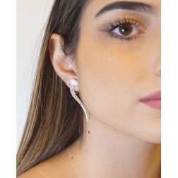 Photo of worn Semicolon Pendant Earrings White Agate and Diamonds