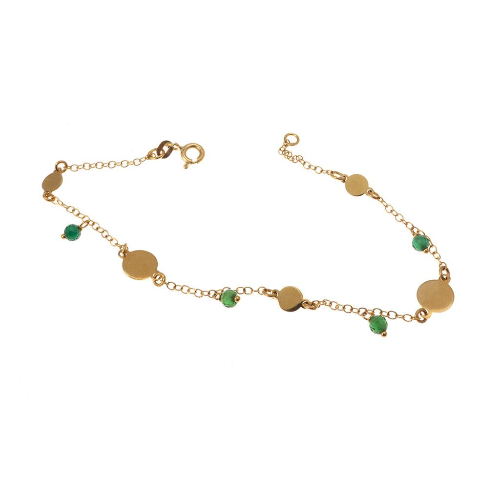 Bracelet with green stones and yellow gold discs