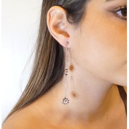 Photo of worn Double Flower Rubies and Diamonds Pendant Earrings