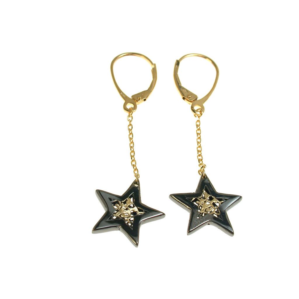Star Pendant Earrings with Floral Pattern in Black Rhodium Gold