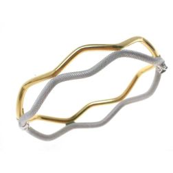 Bracciale Rigido Godronato Due Fili Satinati e Lucidi in Oro Giallo e Bianco
