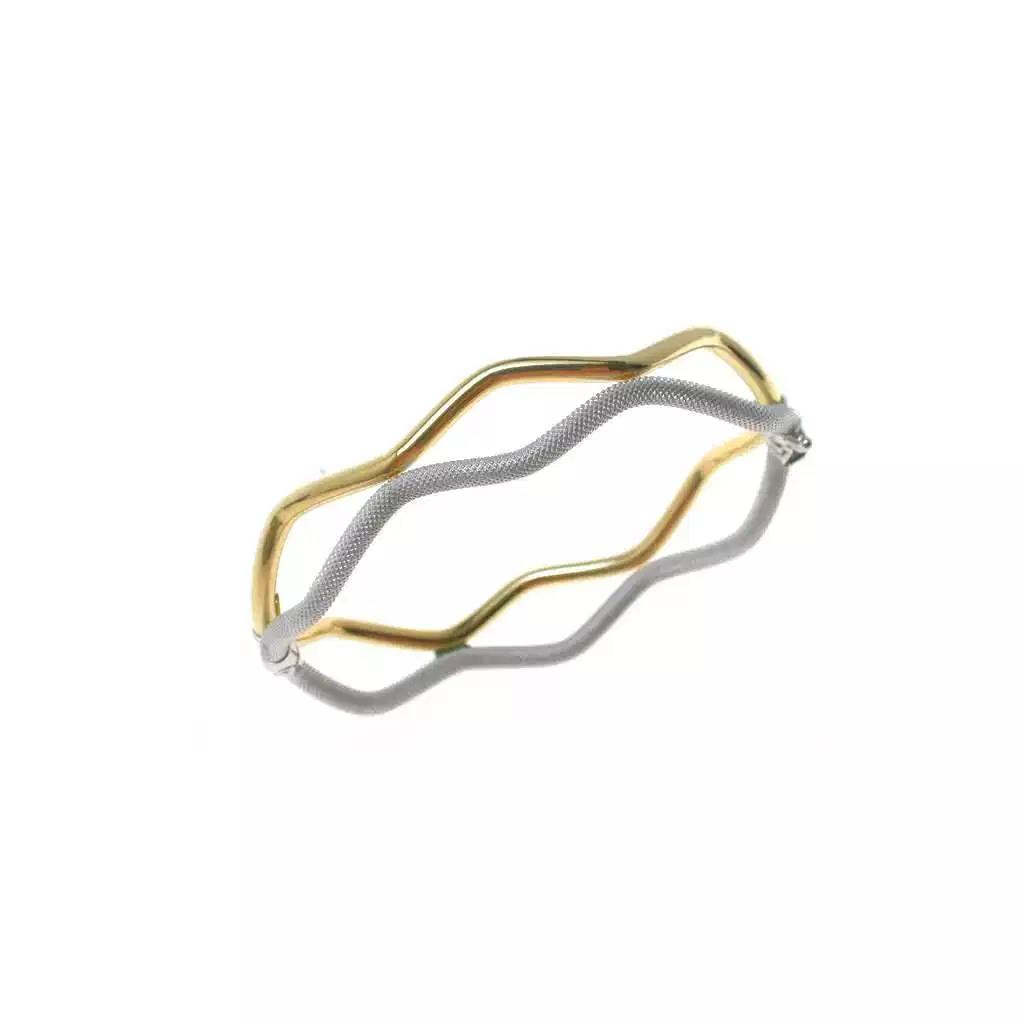 Bracciale Rigido Godronato Due Fili Satinati e Lucidi in Oro Giallo e Bianco