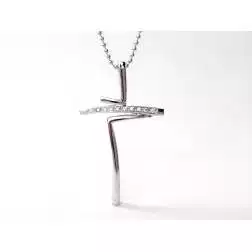 Croce Sfalsata Oro Bianco con Diamanti